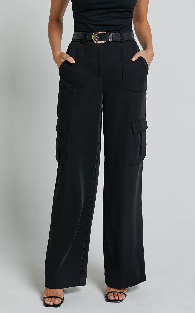 Showpo Alfreda Pants - High Waisted Cargo Straight Leg Pants Black | SXYUDL296