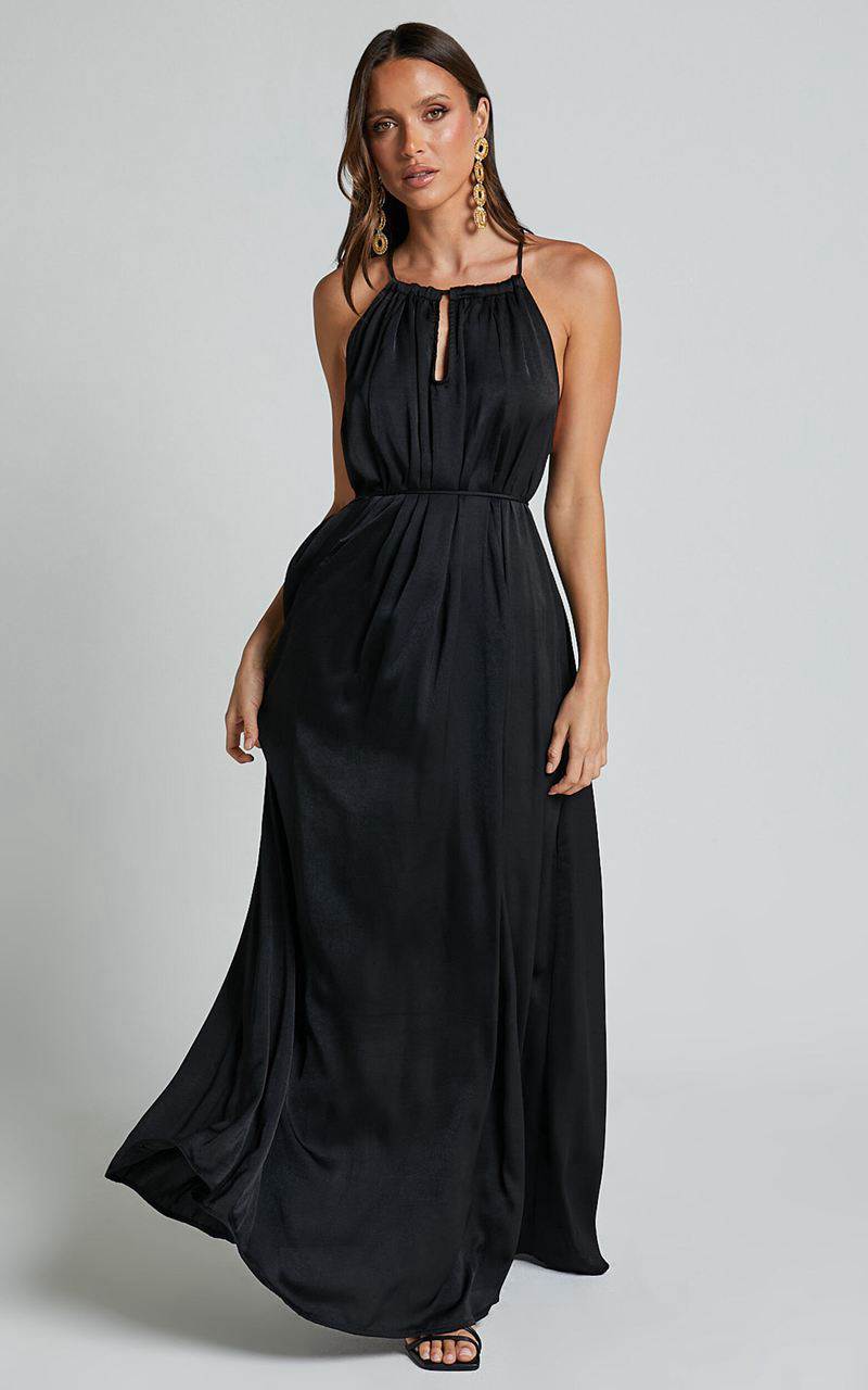 Showpo Aliciana Maxi Dress - Halter Neck Tie Back Dress Black | FZYIBT643