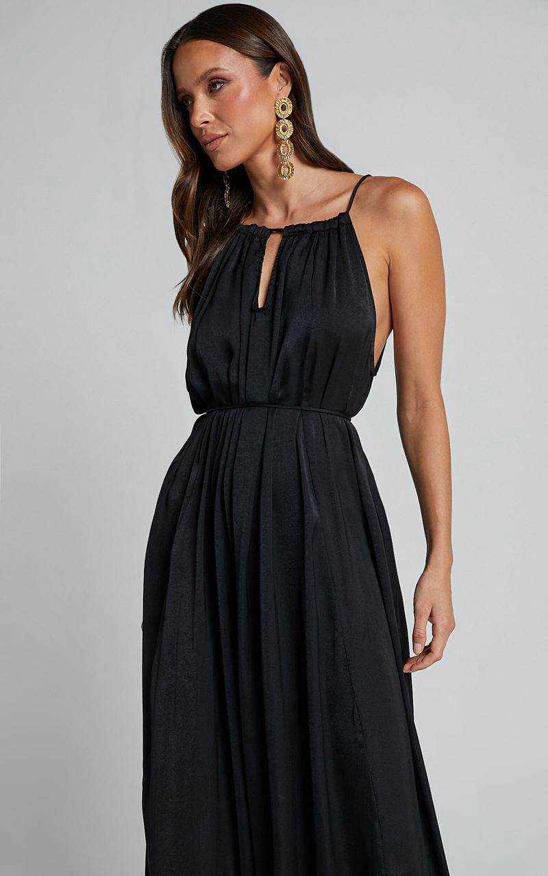 Showpo Aliciana Maxi Dress - Halter Neck Tie Back Dress Black | FZYIBT643