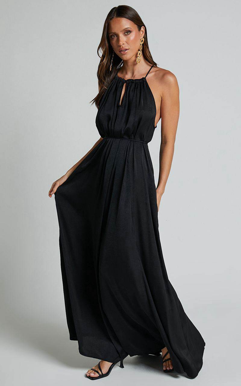 Showpo Aliciana Maxi Dress - Halter Neck Tie Back Dress Black | FZYIBT643