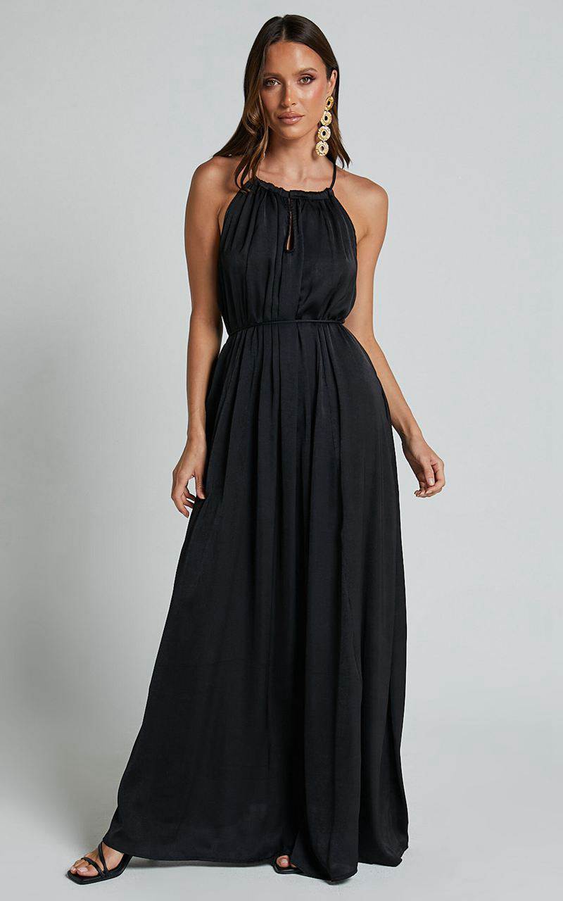 Showpo Aliciana Maxi Dress - Halter Neck Tie Back Dress Black | FZYIBT643