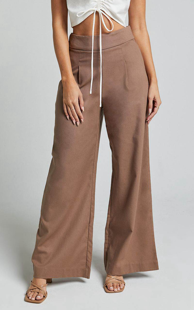 Showpo Alina Pants - Linen Look High Waisted Wide Leg Relaxed Pants Mocha | YMGKZJ459