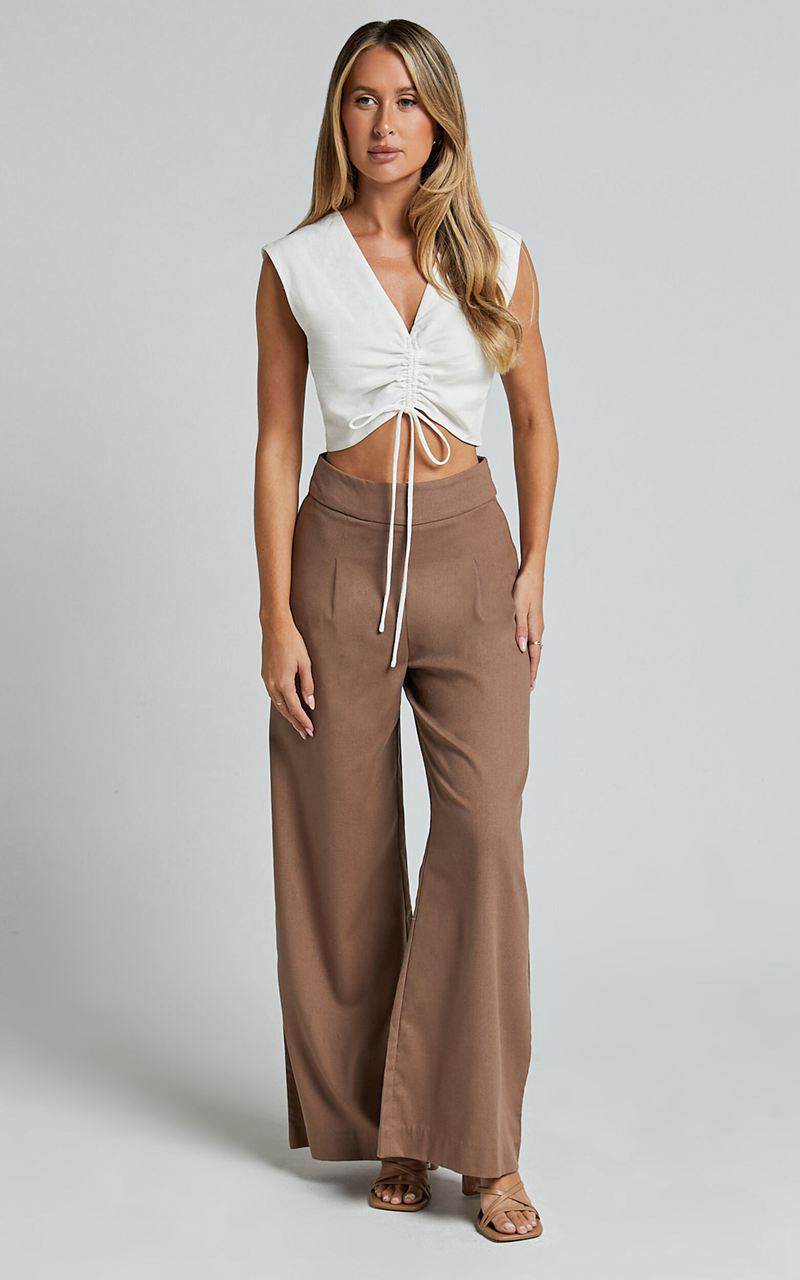 Showpo Alina Pants - Linen Look High Waisted Wide Leg Relaxed Pants Mocha | YMGKZJ459