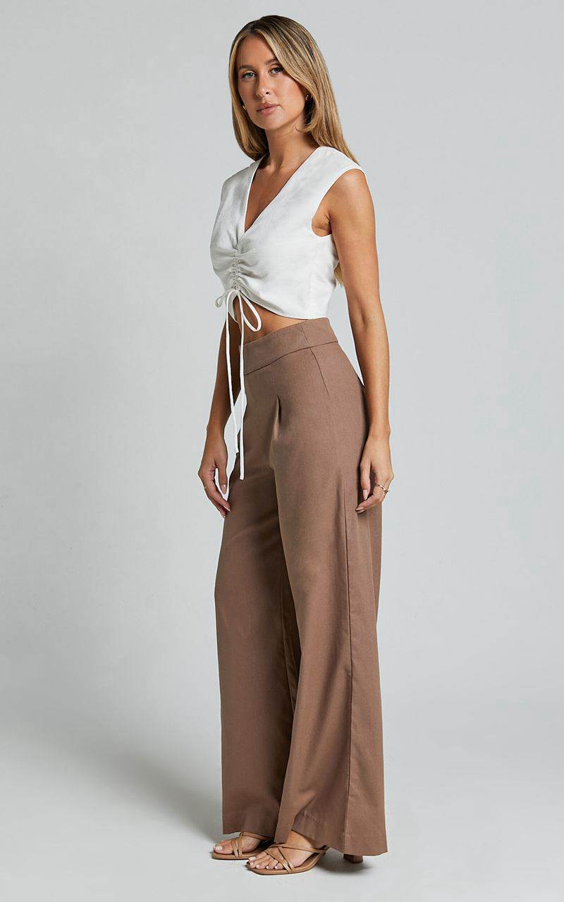 Showpo Alina Pants - Linen Look High Waisted Wide Leg Relaxed Pants Mocha | YMGKZJ459