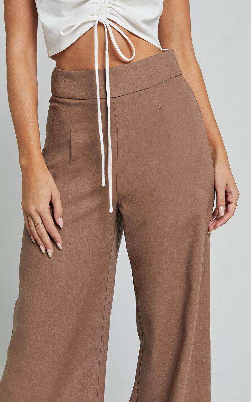 Showpo Alina Pants - Linen Look High Waisted Wide Leg Relaxed Pants Mocha | YMGKZJ459