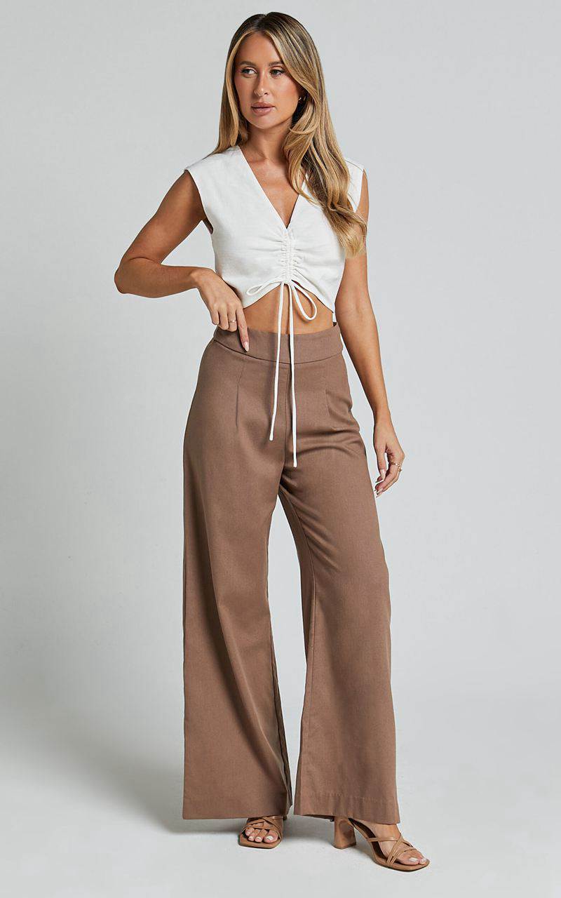 Showpo Alina Pants - Linen Look High Waisted Wide Leg Relaxed Pants Mocha | YMGKZJ459