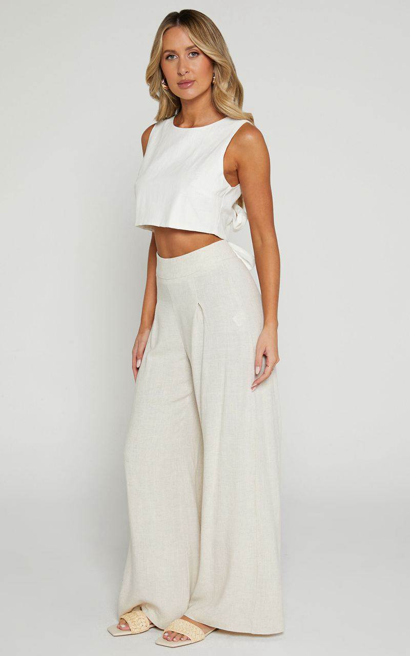 Showpo Alina Pants - Linen Look High Waisted Wide Leg Relaxed Pants Natural | UXVFCE681