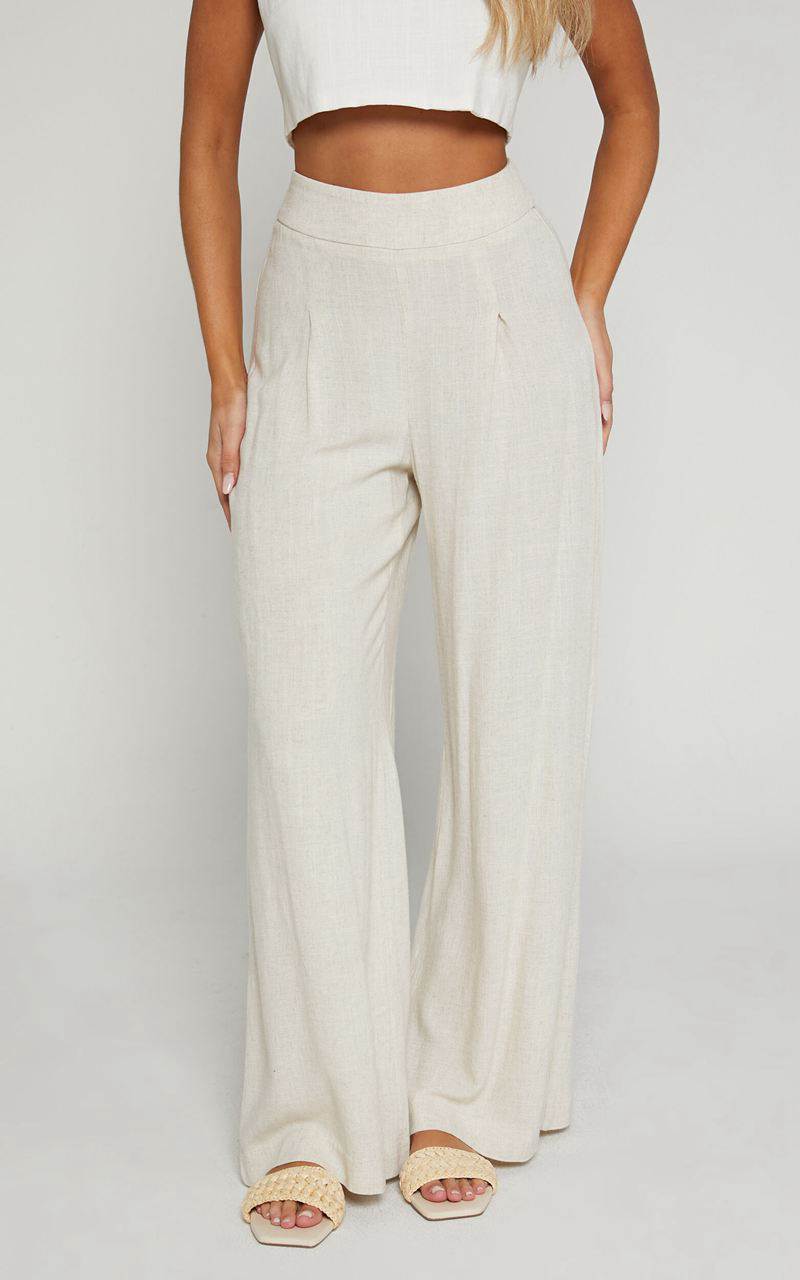 Showpo Alina Pants - Linen Look High Waisted Wide Leg Relaxed Pants Natural | UXVFCE681