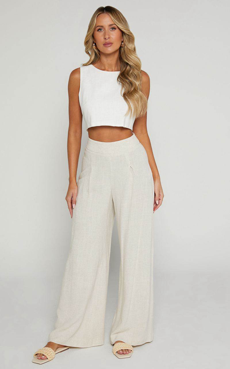 Showpo Alina Pants - Linen Look High Waisted Wide Leg Relaxed Pants Natural | UXVFCE681