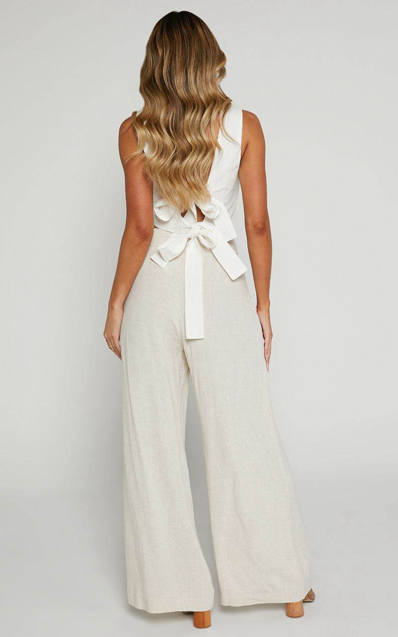 Showpo Alina Pants - Linen Look High Waisted Wide Leg Relaxed Pants Natural | UXVFCE681