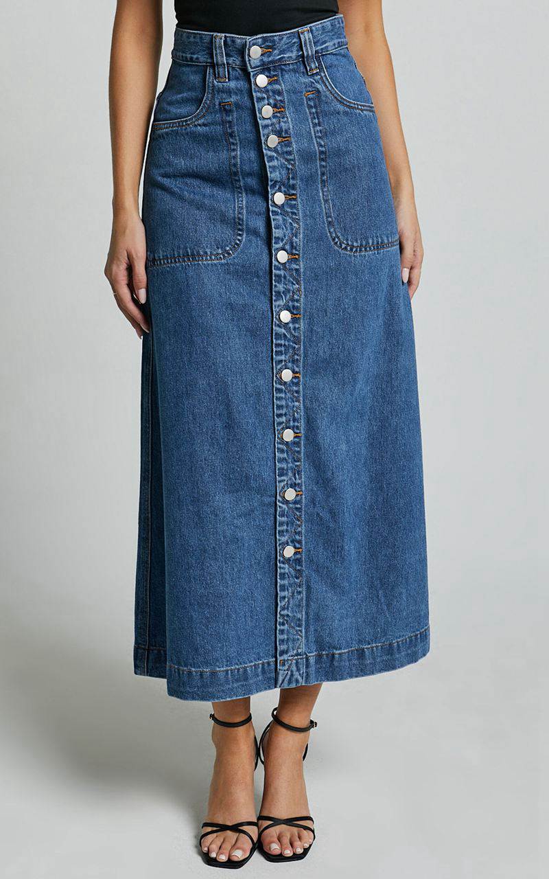 Showpo Alisa Midi Skirt - Button Through A Line Denim Skirt Dark Blue Wash | TMQIDK417