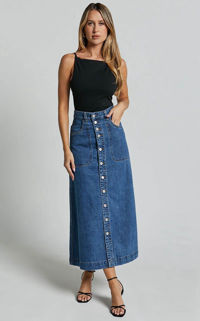 Showpo Alisa Midi Skirt - Button Through A Line Denim Skirt Dark Blue Wash | TMQIDK417