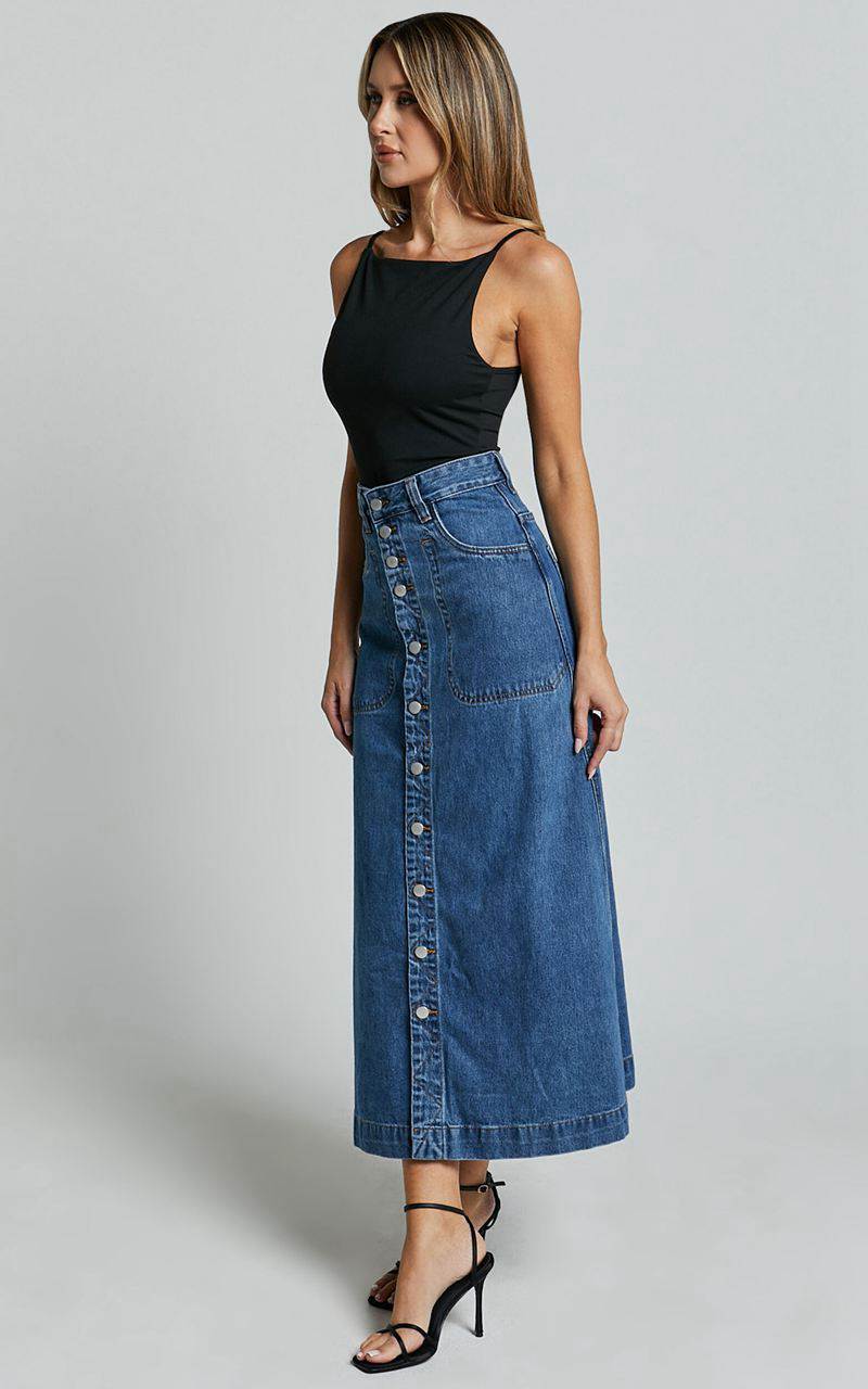 Showpo Alisa Midi Skirt - Button Through A Line Denim Skirt Dark Blue Wash | TMQIDK417