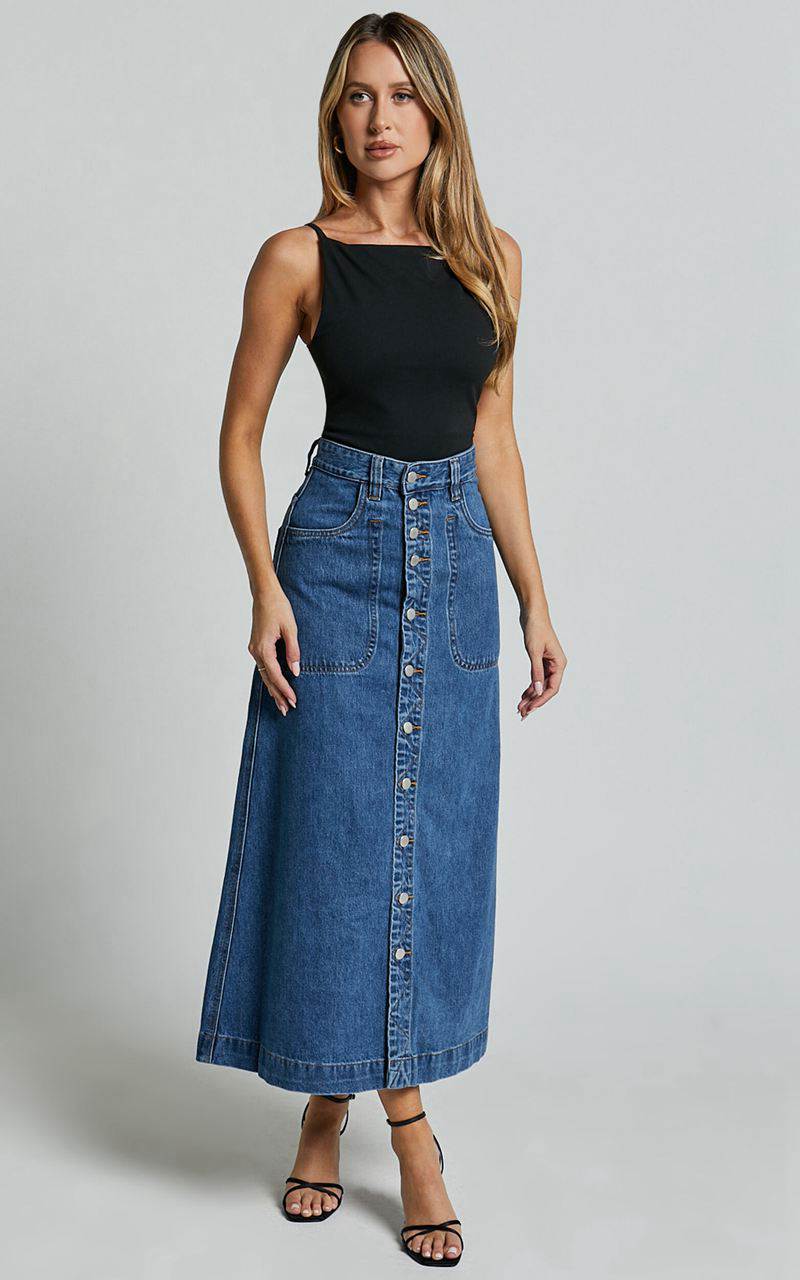 Showpo Alisa Midi Skirt - Button Through A Line Denim Skirt Dark Blue Wash | TMQIDK417