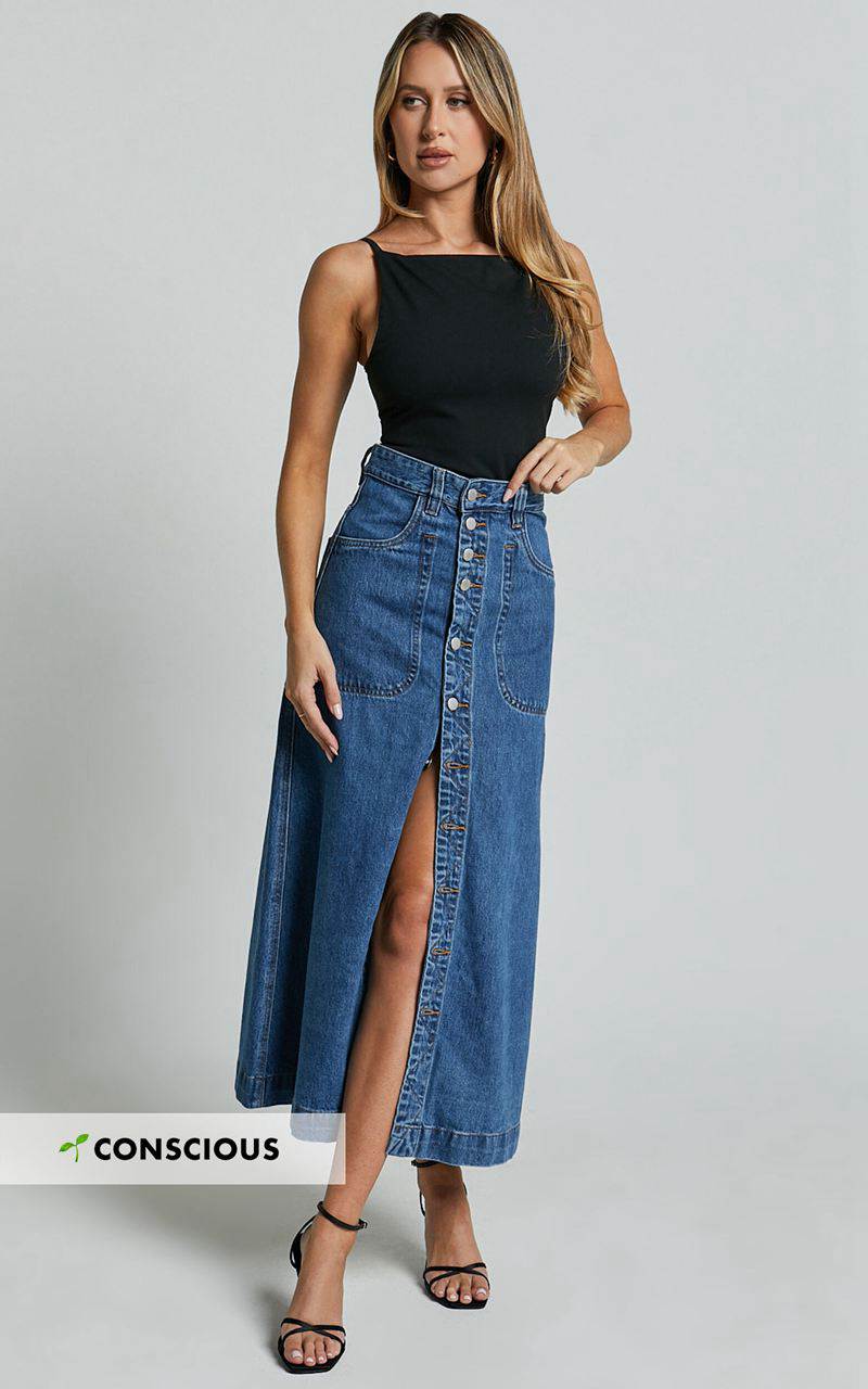 Showpo Alisa Midi Skirt - Button Through A Line Denim Skirt Dark Blue Wash | TMQIDK417