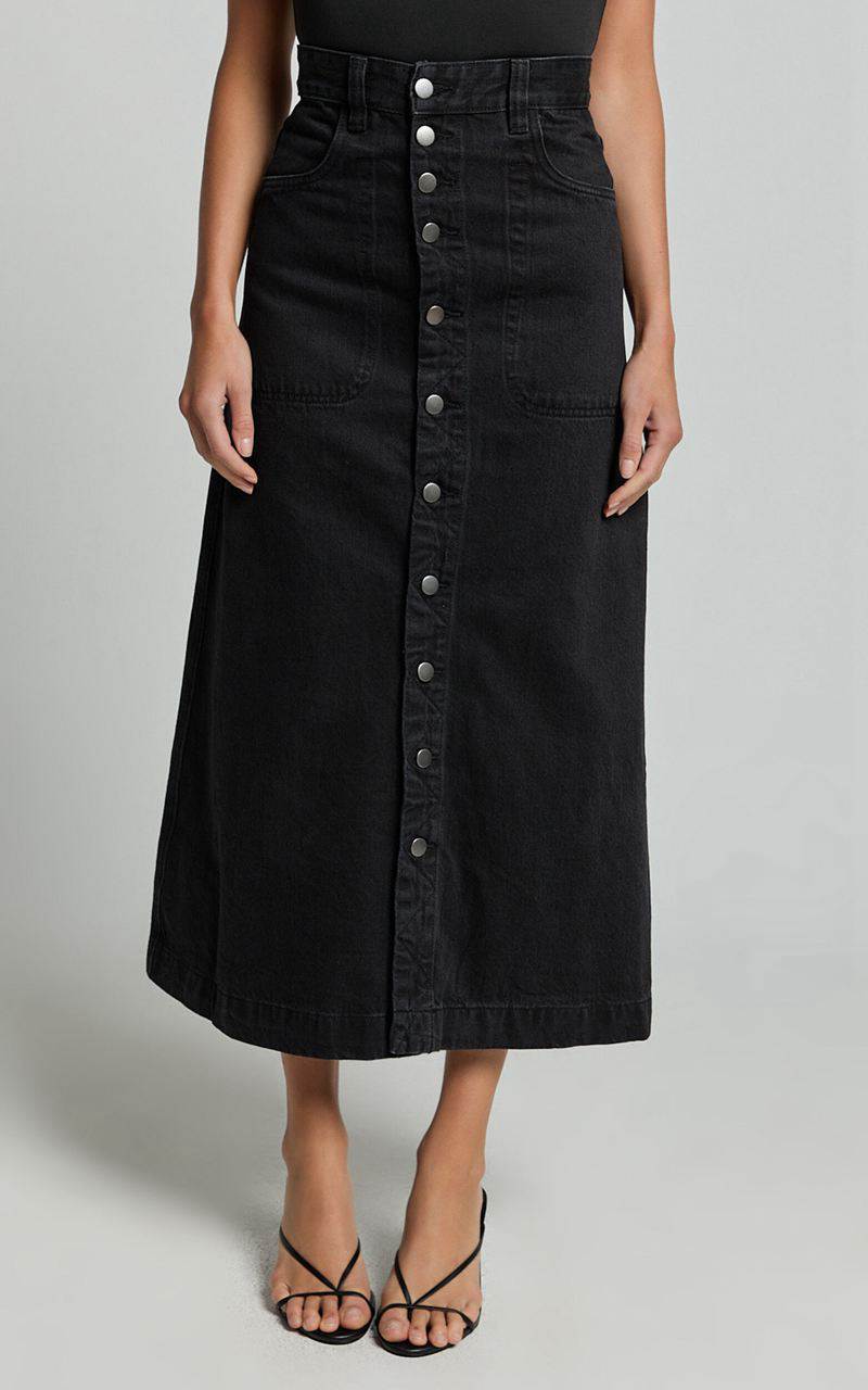 Showpo Alisa Midi Skirt - Button Through A Line Denim Black Wash | HPEXRZ618