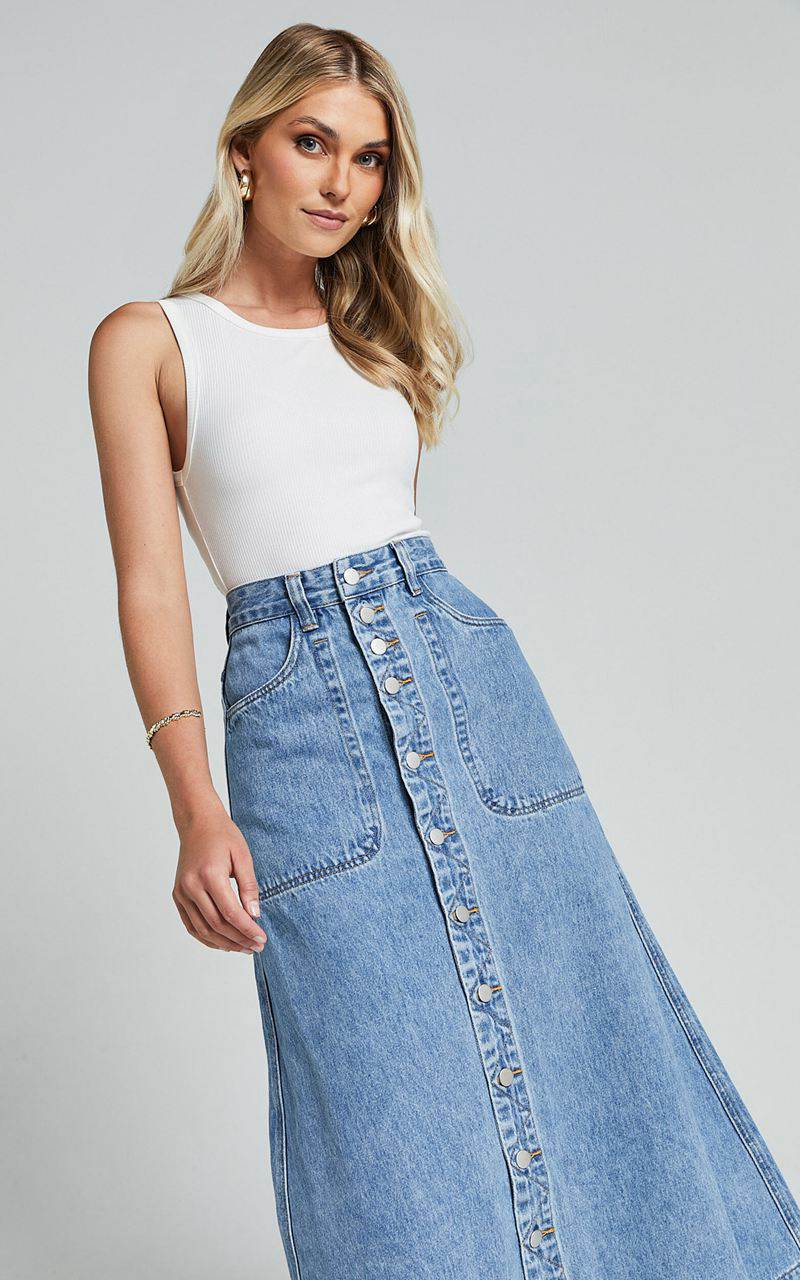 Showpo Alisa Midi Skirt - Button Through A Line Denim Mid Blue Wash | XGJOQR703