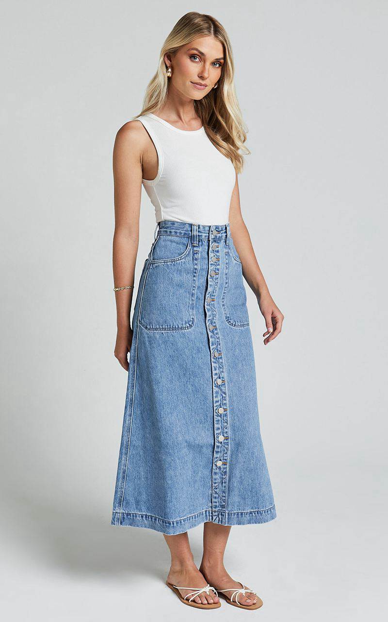 Showpo Alisa Midi Skirt - Button Through A Line Denim Mid Blue Wash | XGJOQR703