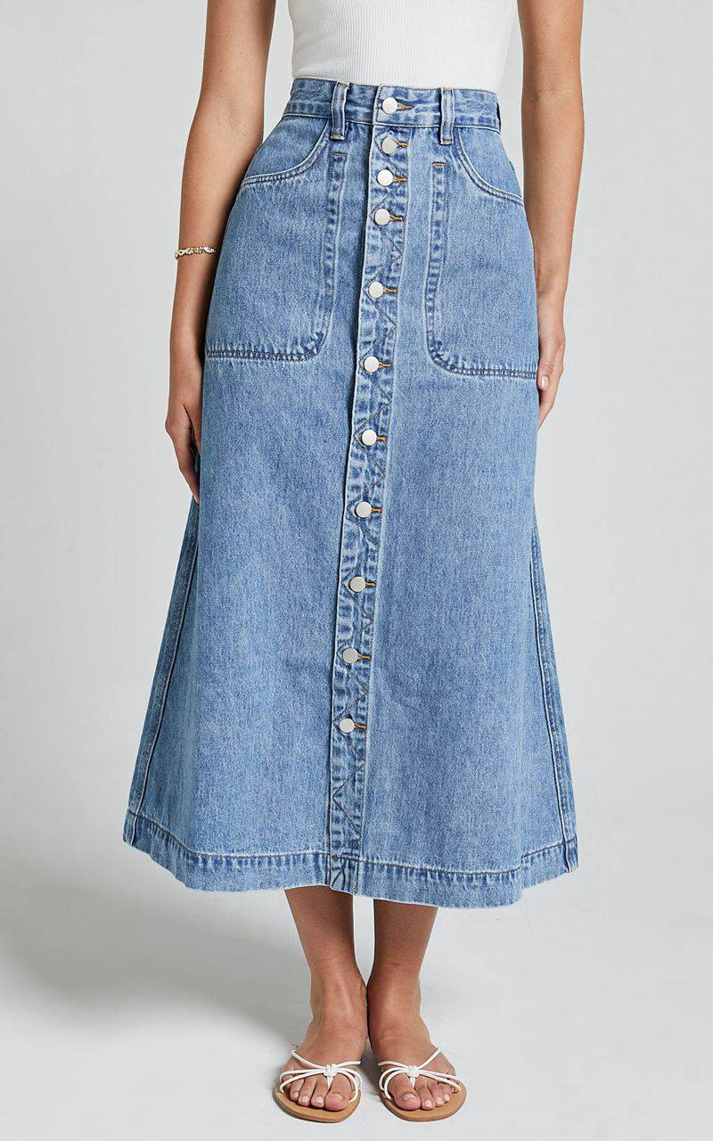 Showpo Alisa Midi Skirt - Button Through A Line Denim Mid Blue Wash | XGJOQR703