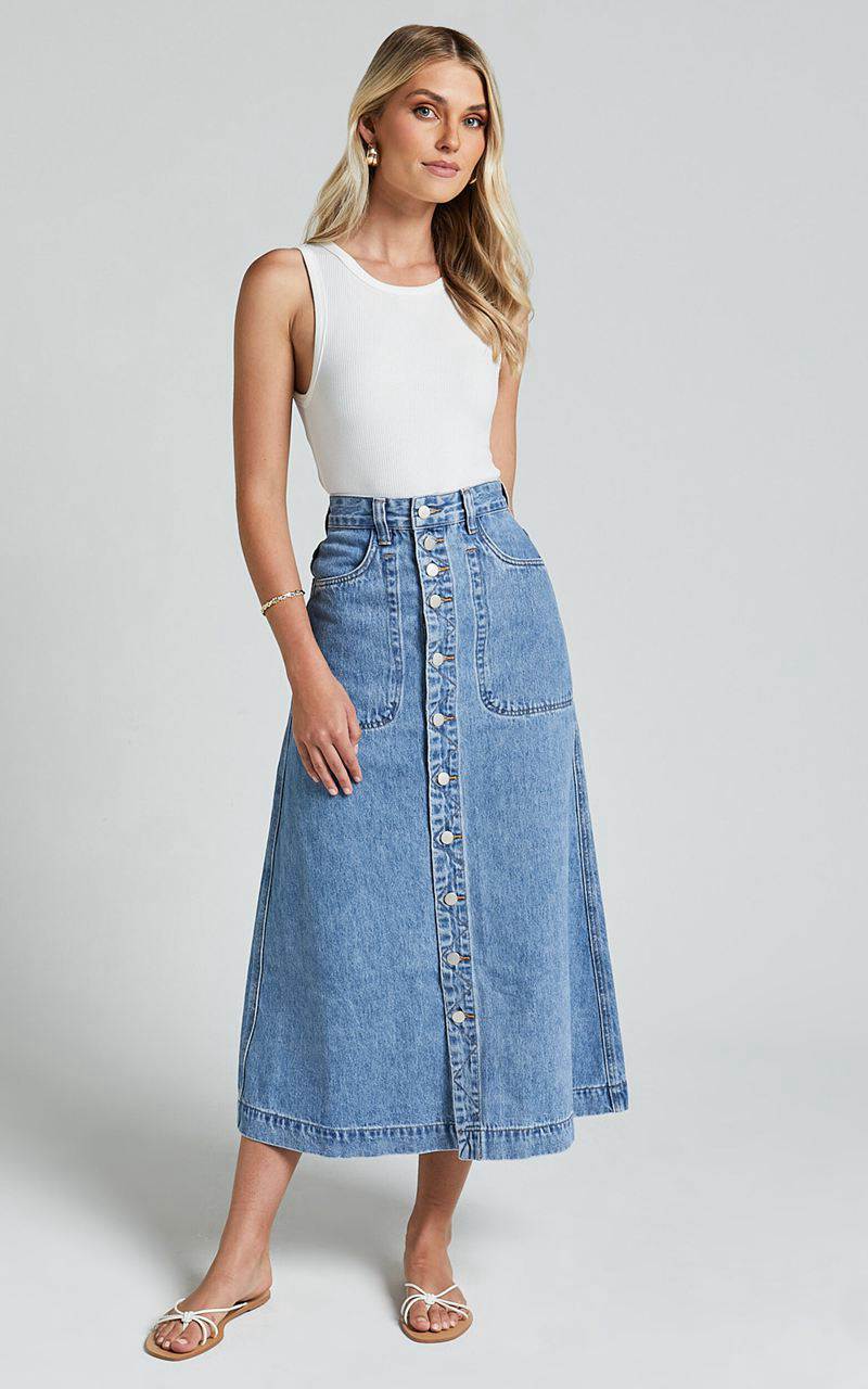 Showpo Alisa Midi Skirt - Button Through A Line Denim Mid Blue Wash | XGJOQR703