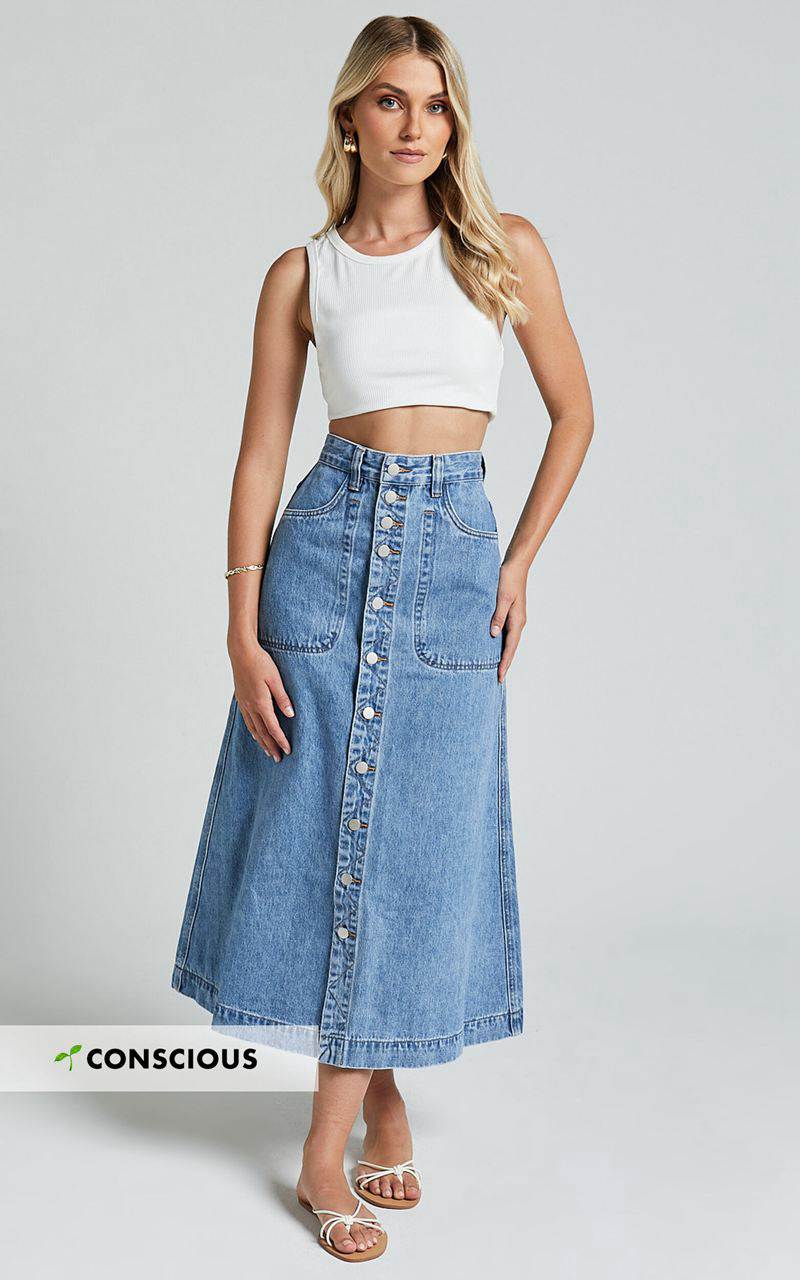 Showpo Alisa Midi Skirt - Button Through A Line Denim Mid Blue Wash | XGJOQR703