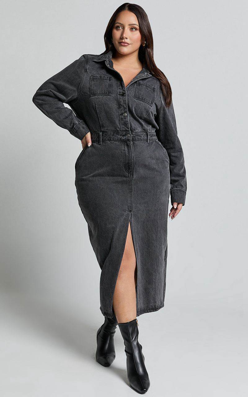 Showpo Alison Midi Dress - Long Sleeve Front Split Denim Dress Washed Black | QOPERZ970