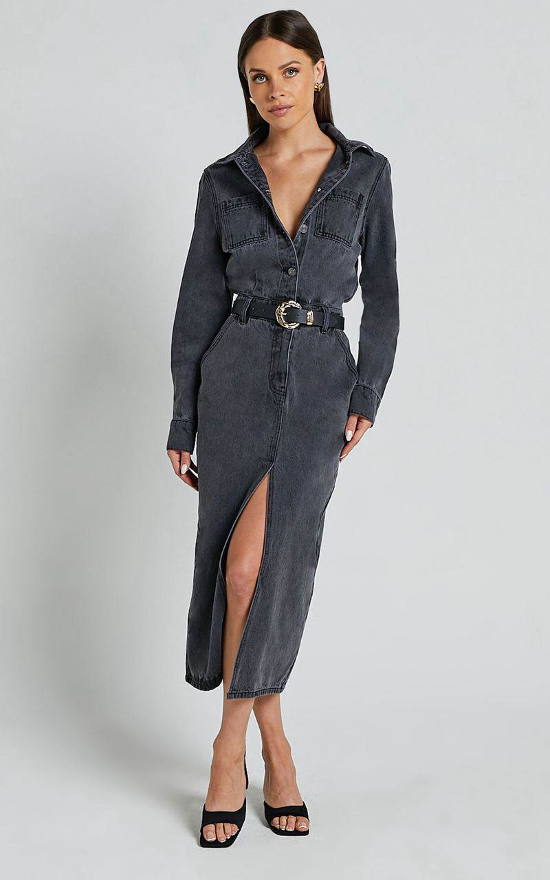 Showpo Alison Midi Dress - Long Sleeve Front Split Denim Dress Washed Black | QOPERZ970