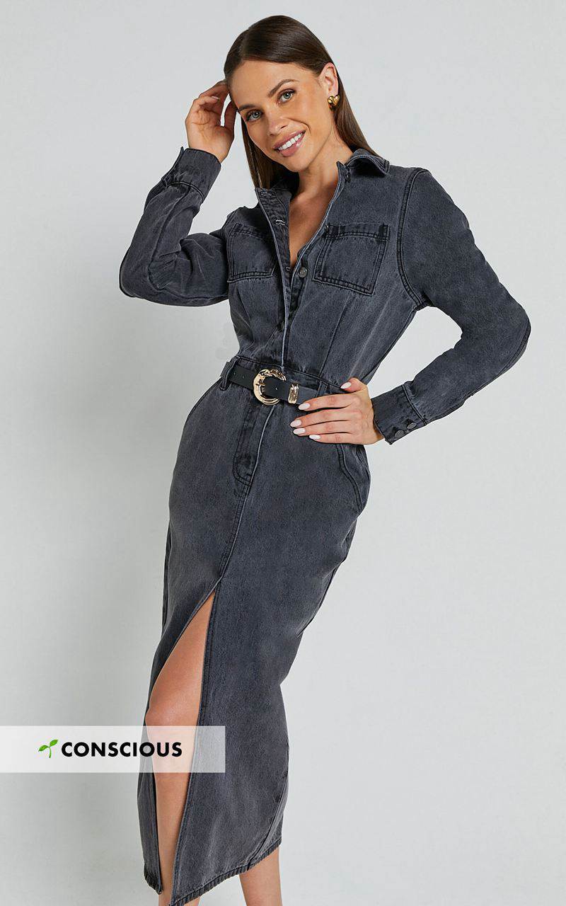 Showpo Alison Midi Dress - Long Sleeve Front Split Denim Dress Washed Black | QOPERZ970