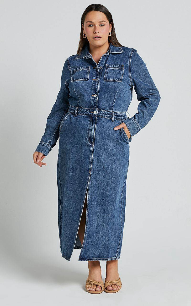 Showpo Alison Midi Dress - Long Sleeve Front Split Denim Dress Mid Blue Wash | BYVJDR720