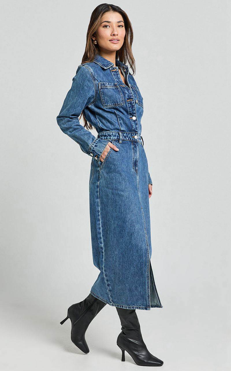 Showpo Alison Midi Dress - Long Sleeve Front Split Denim Dress Mid Blue Wash | BYVJDR720