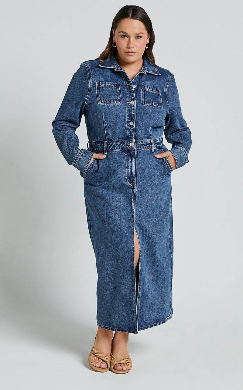 Showpo Alison Midi Dress - Long Sleeve Front Split Denim Dress Mid Blue Wash | BYVJDR720