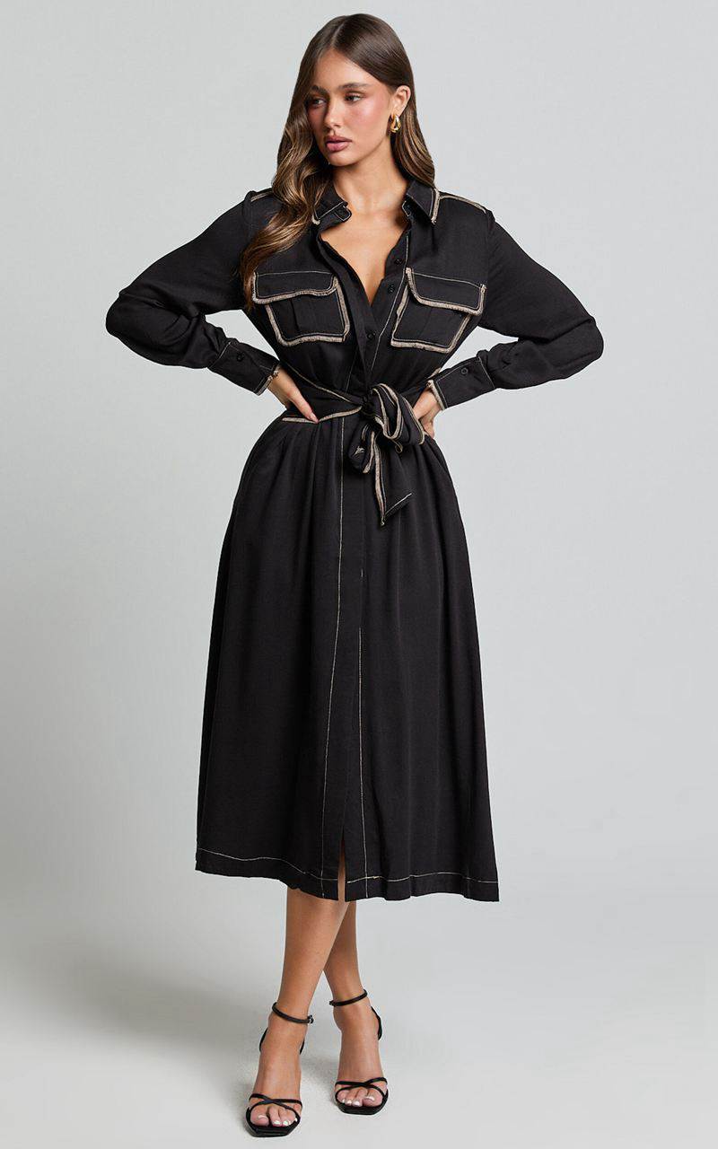 Showpo Ally Midi Dress - Collared Button Through Long Sleeve Tie Dress Black | TPMFYI246