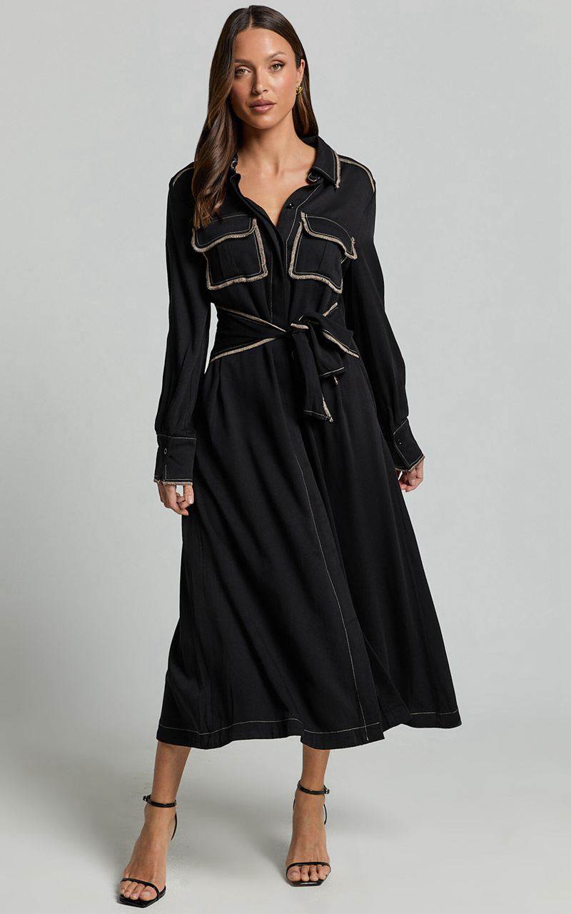 Showpo Ally Midi Dress - Collared Button Through Long Sleeve Tie Dress Black | TPMFYI246