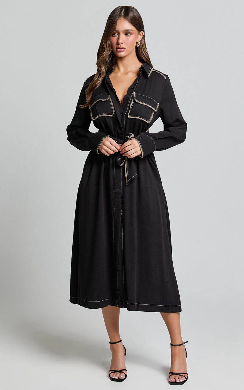 Showpo Ally Midi Dress - Collared Button Through Long Sleeve Tie Dress Black | TPMFYI246