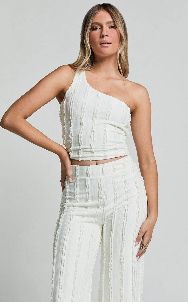 Showpo Almarie Top - One Shoulder Textured Crop Top Off White | IDBLMF169