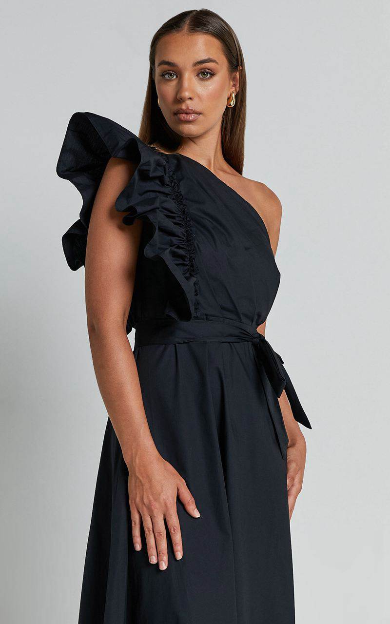 Showpo Almeida Midi Dress - One Shoulder Ruffle Detail Belted Dress Black | WMPSBY357