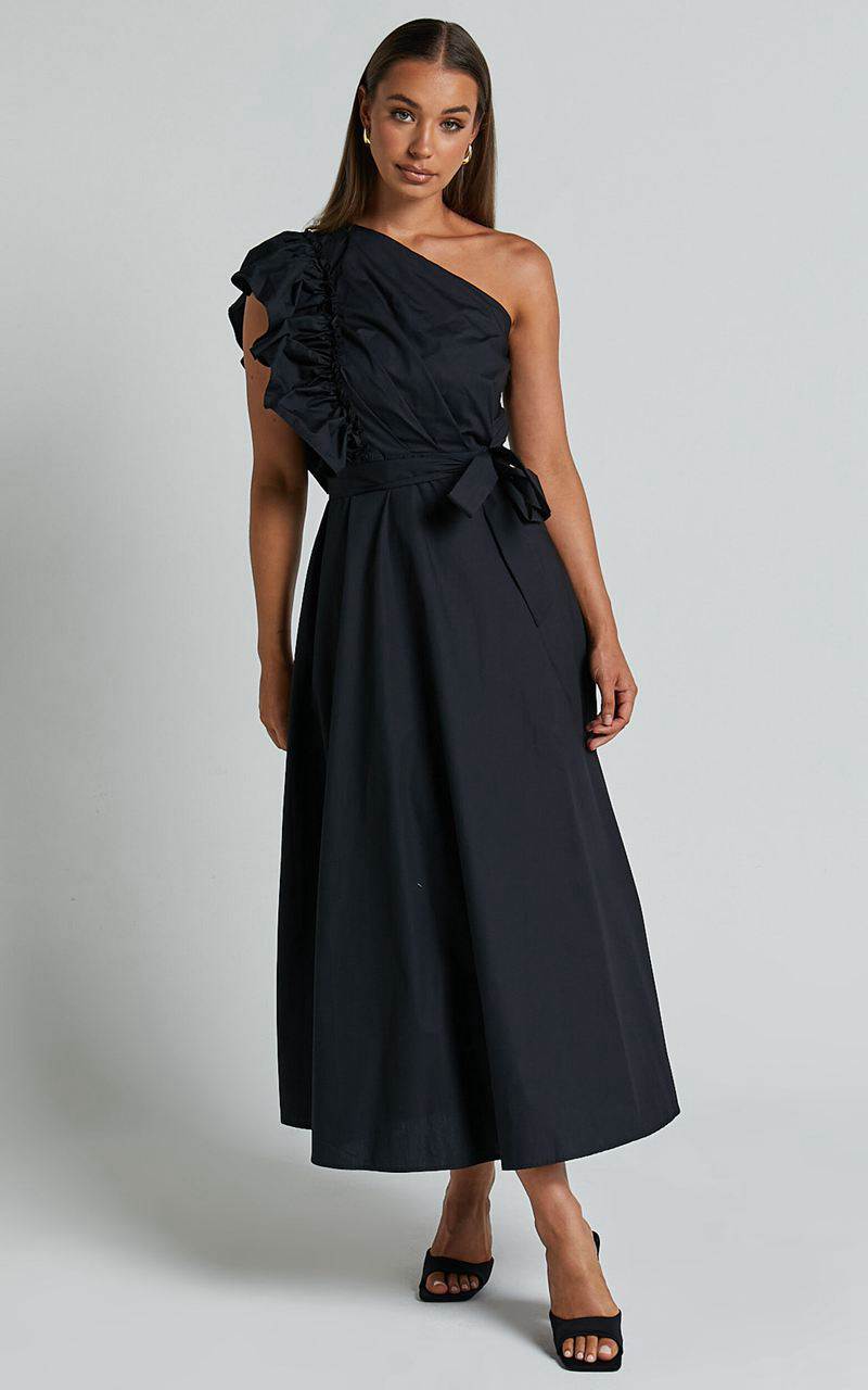 Showpo Almeida Midi Dress - One Shoulder Ruffle Detail Belted Dress Black | WMPSBY357