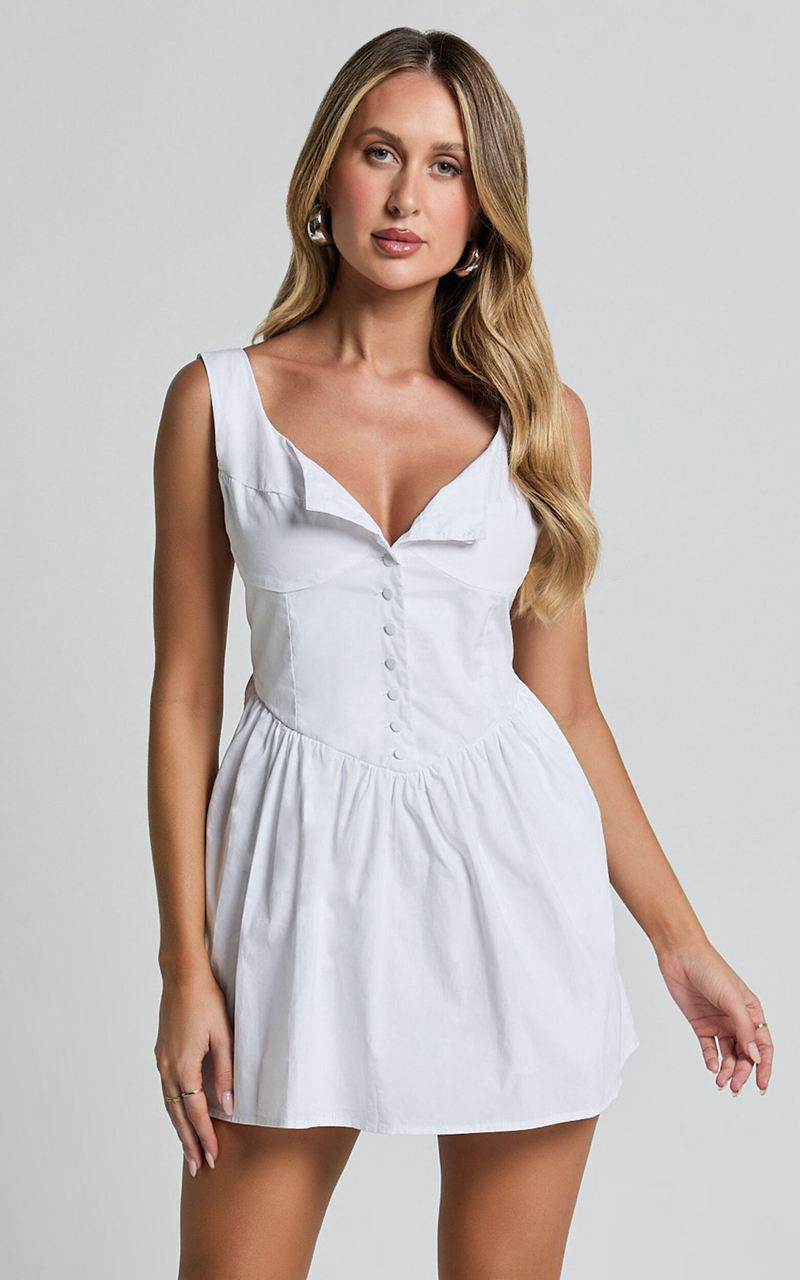 Showpo Alodia Mini Dress - Wide Strap Straight Neck Wide Pleated Dress White | ZALFKY476