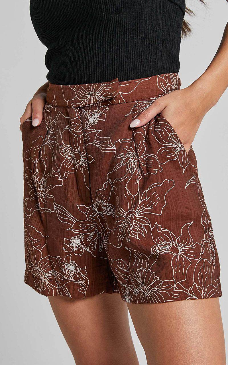 Showpo Alofi Shorts - High Waisted Tailored Soft Shorts Brown Floral | ZOLYQS834