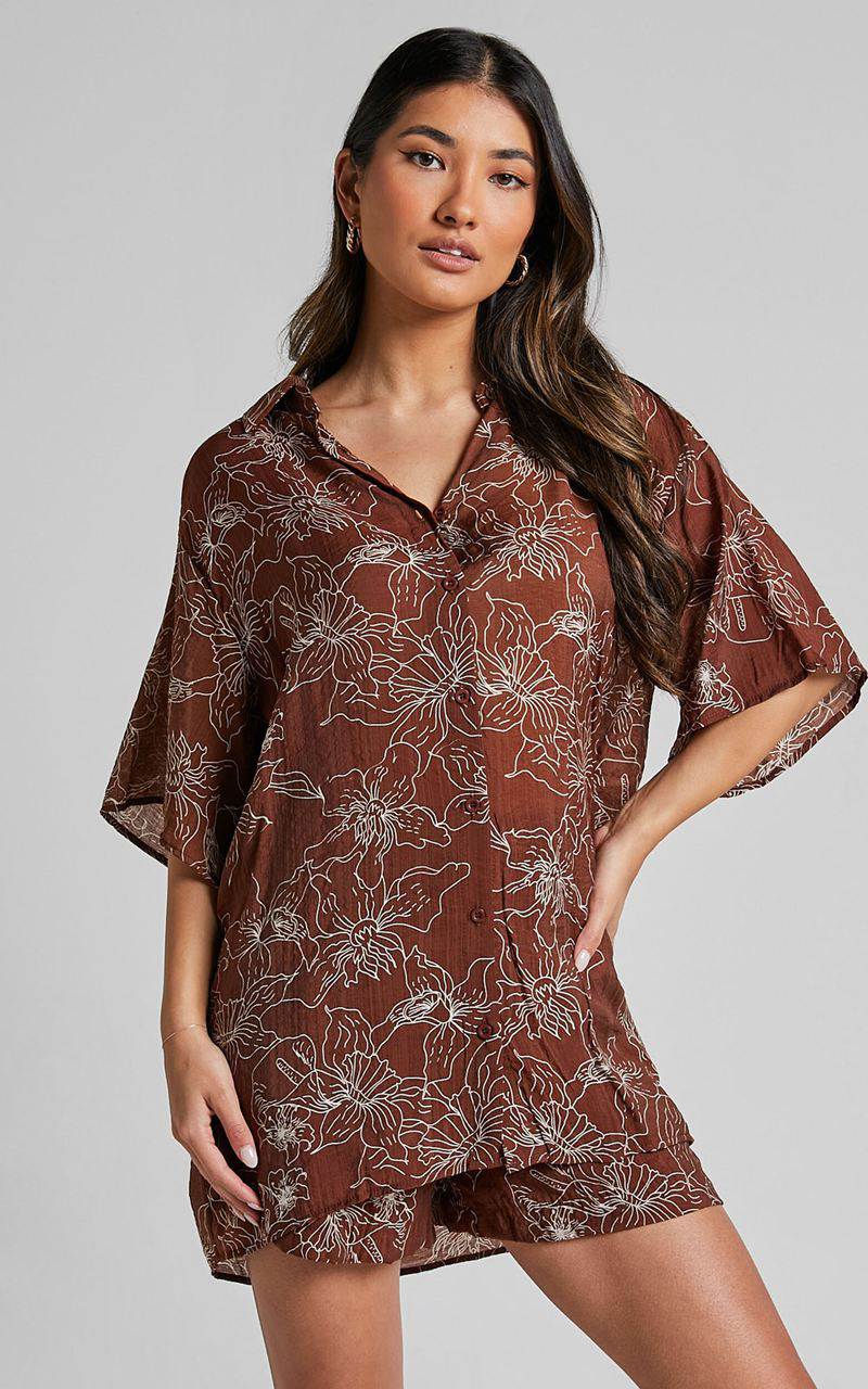 Showpo Alofi Top - Collared Button Through Short Sleeve Blouse Brown Floral | HJKYUI148