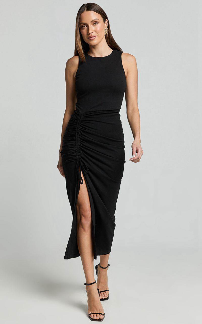 Showpo Alona Midi Dress - Sleeveless Bodycon Thigh Split Dress Black | TPGMNY375