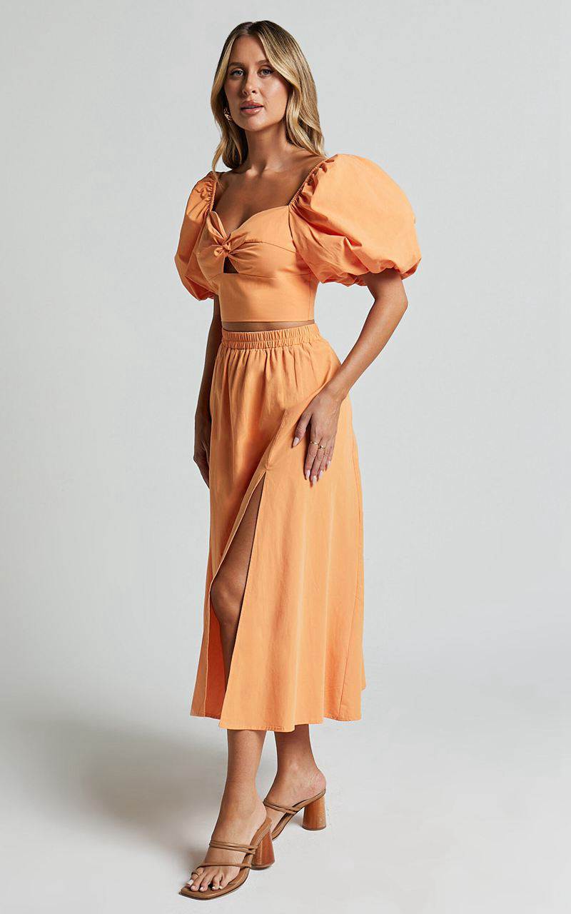 Showpo Alpha Two Piece Set - Linen Look Puff Sleeve Twist Bodice Top Midi Skirt Sherbert | UQGCTR041