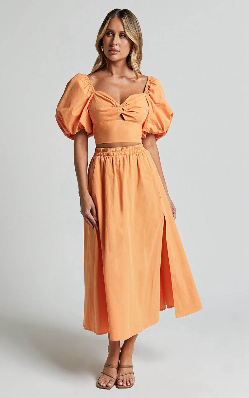 Showpo Alpha Two Piece Set - Linen Look Puff Sleeve Twist Bodice Top Midi Skirt Sherbert | UQGCTR041