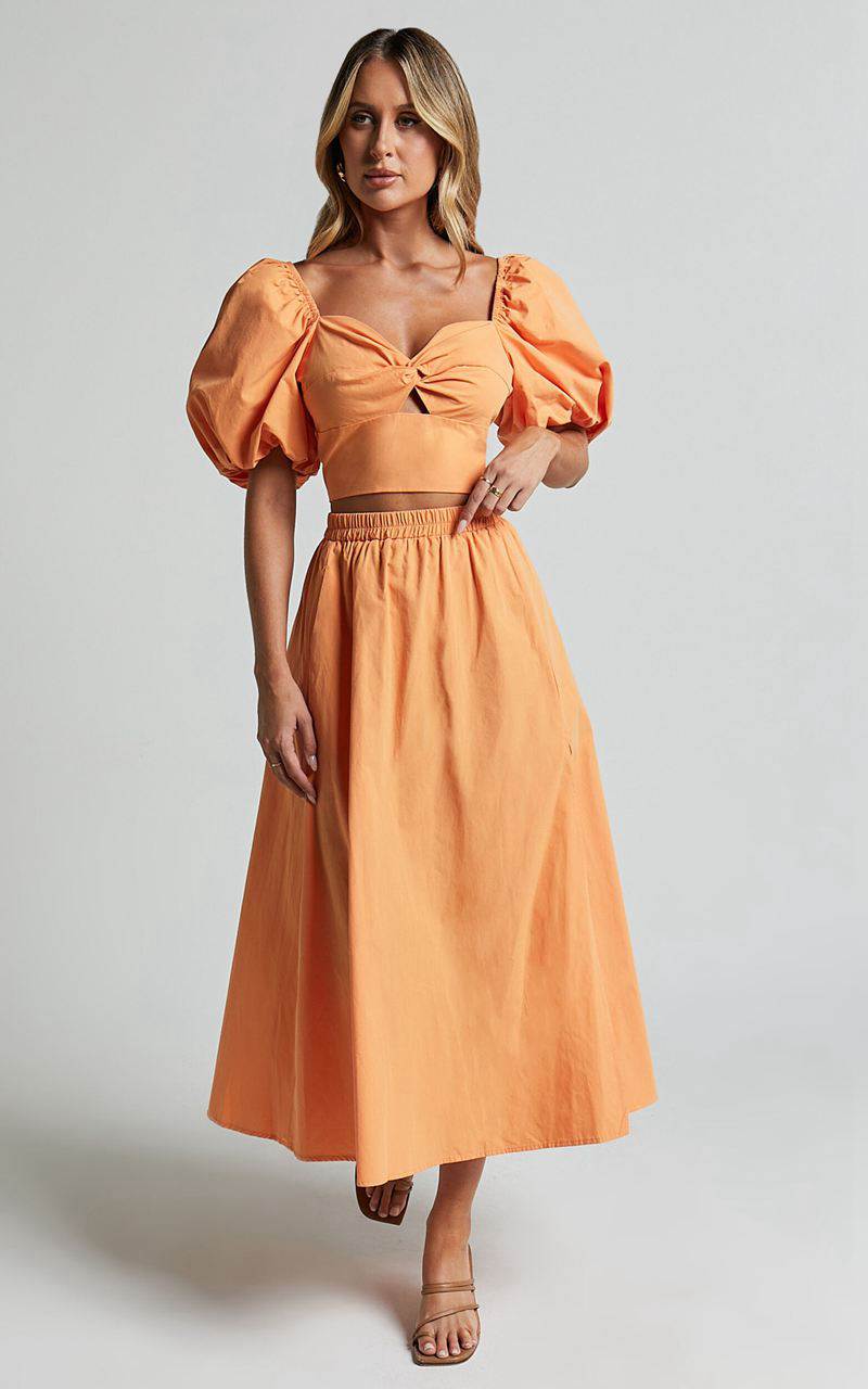 Showpo Alpha Two Piece Set - Linen Look Puff Sleeve Twist Bodice Top Midi Skirt Sherbert | UQGCTR041