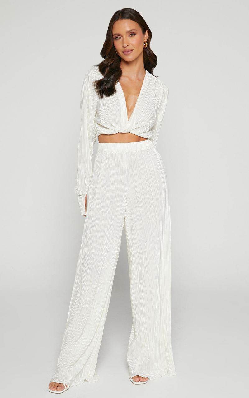 Showpo Aluna Two Piece Set - Plisse Twist Front Crop Top And Wide Leg Pants Set Oyster | ZQNVYB624