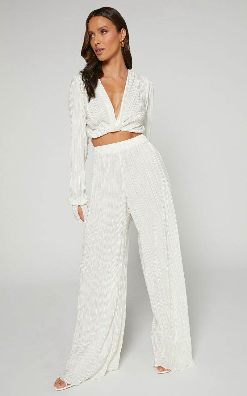 Showpo Aluna Two Piece Set - Plisse Twist Front Crop Top And Wide Leg Pants Set Oyster | ZQNVYB624