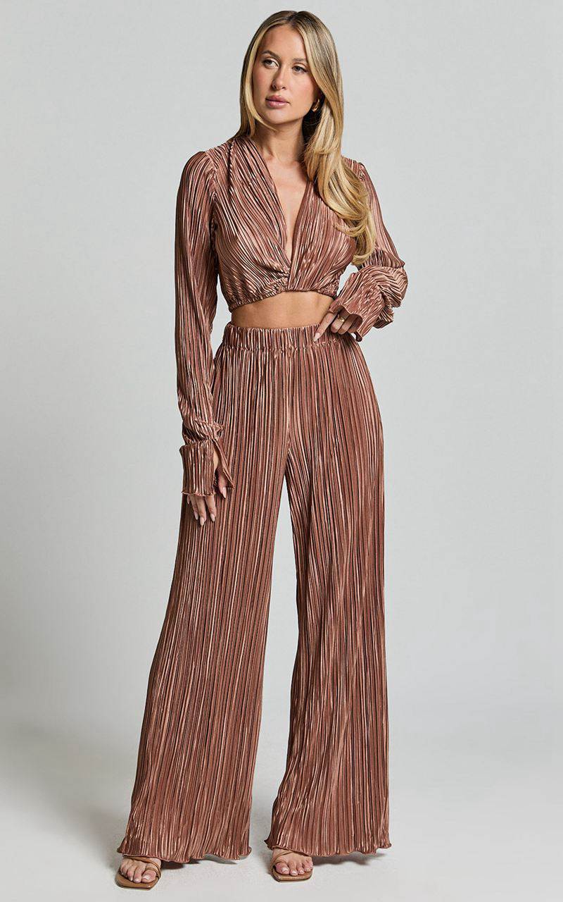 Showpo Aluna Two Piece Set - Plisse Twist Front Crop Top And Wide Leg Pants Set Chocolate | MINTJD592