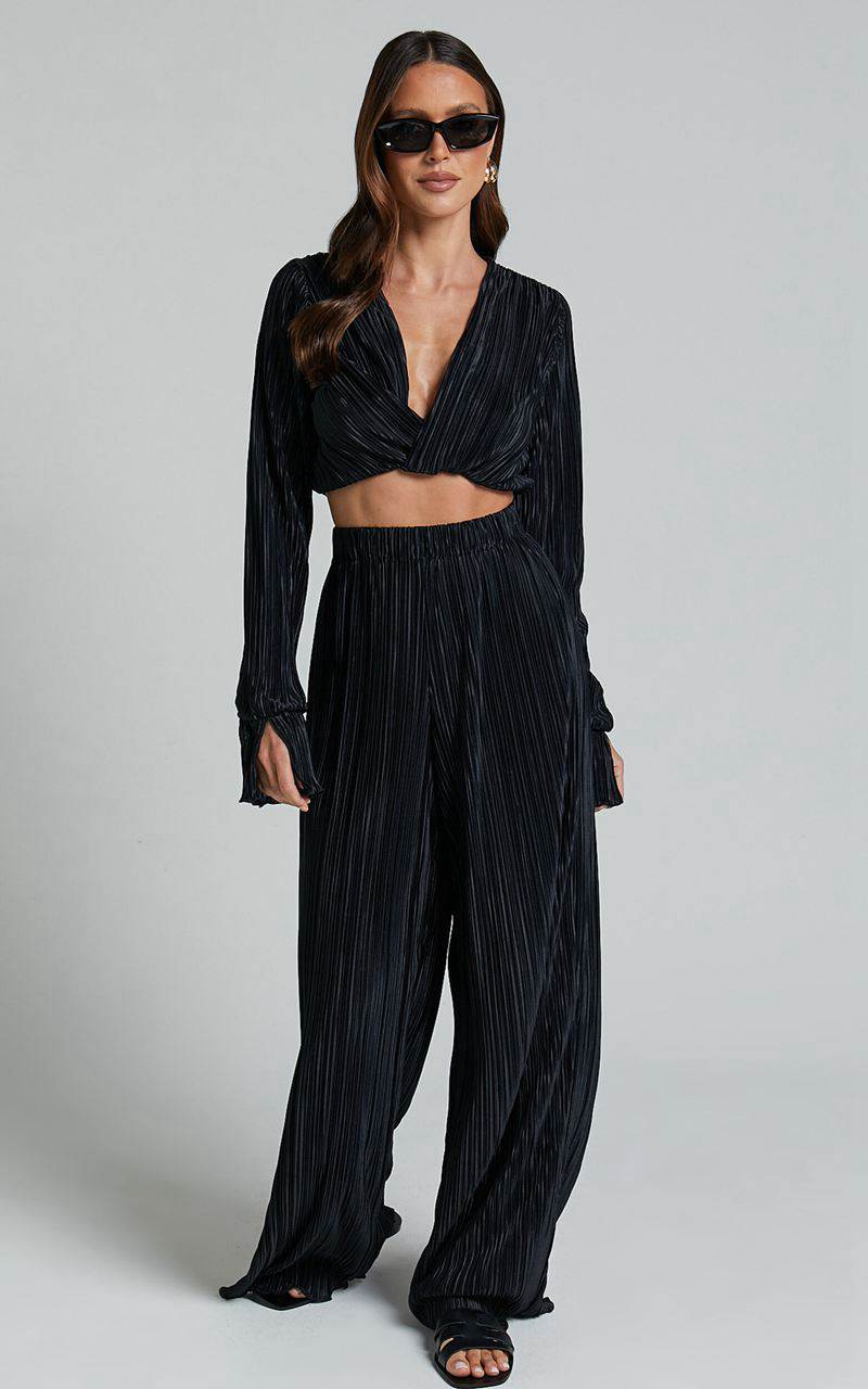 Showpo Aluna Two Piece Set - Plisse Twist Front Crop Top And Wide Leg Pants Set Black | VFLTRU092