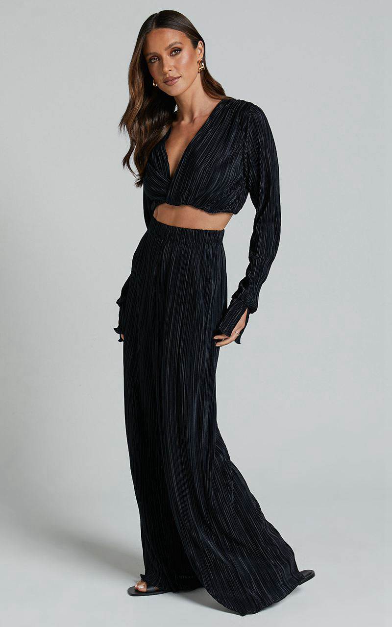 Showpo Aluna Two Piece Set - Plisse Twist Front Crop Top And Wide Leg Pants Set Black | VFLTRU092