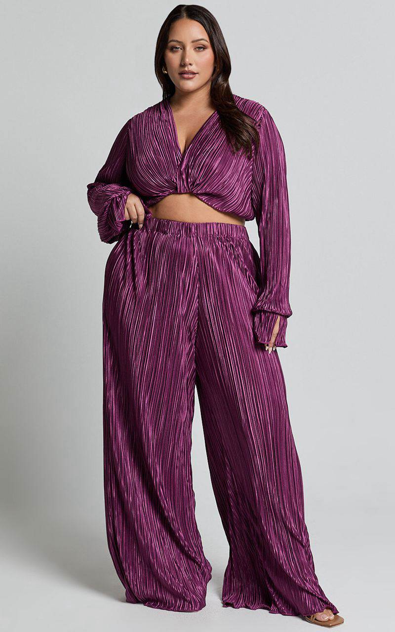 Showpo Aluna Two Piece Set - Plisse Twist Front Crop Top And Wide Leg Pants Set Aubergine | AVPQFE845